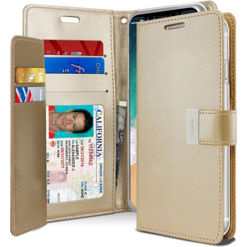 TopSave Goospery RICH MAX(5) Card Slot w/Magnetic Clip Leather Folio Wallet Flip For Samsung Galaxy S24 6.2", Gold