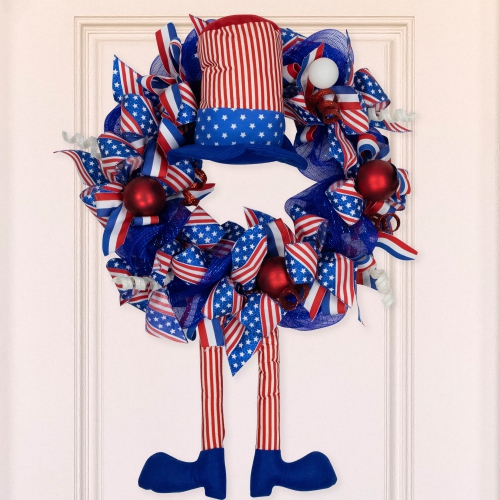 NORTHLIGHT  Patriotic Hat With Legs Deco Mesh Ribbon Wreath - 24"