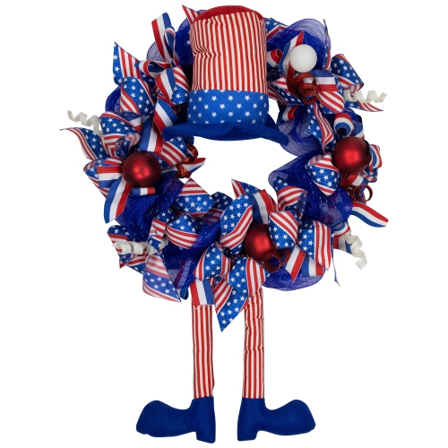 Patriotic Hat with Legs Deco Mesh Ribbon Wreath - 24"