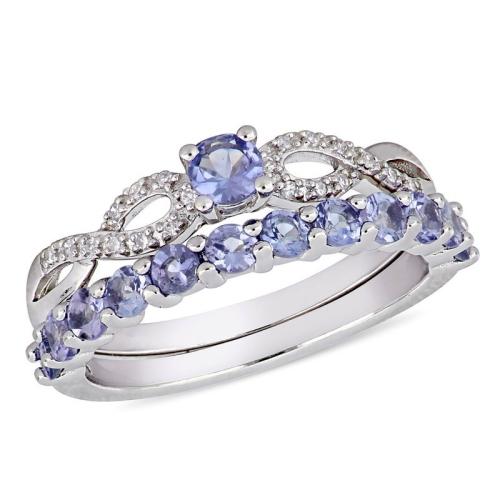 GEM AND HARMONY  1.00 Carat (Ctw) Tanzanite Engagement Ring & Wedding Band Set In Sterling In Silver