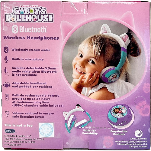 Gabbys Dollhouse Kids Bluetooth Headphones, Wireless Headphones with Microphone Includes Aux Cord, Volume Reduced Kids Foldable Headphones for