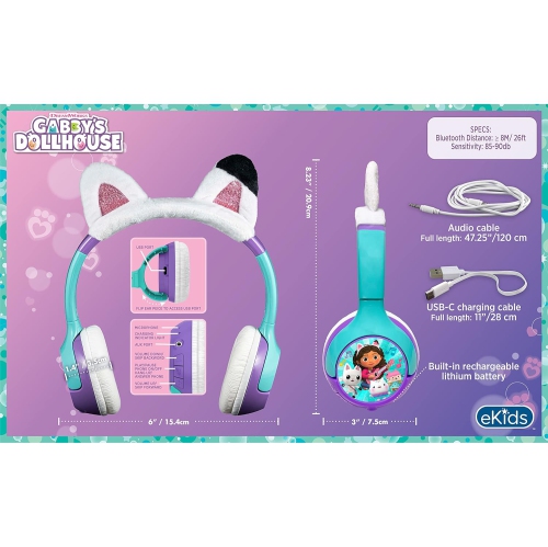 Gabbys Dollhouse Kids Bluetooth Headphones, Wireless Headphones with Microphone Includes Aux Cord, Volume Reduced Kids Foldable Headphones for
