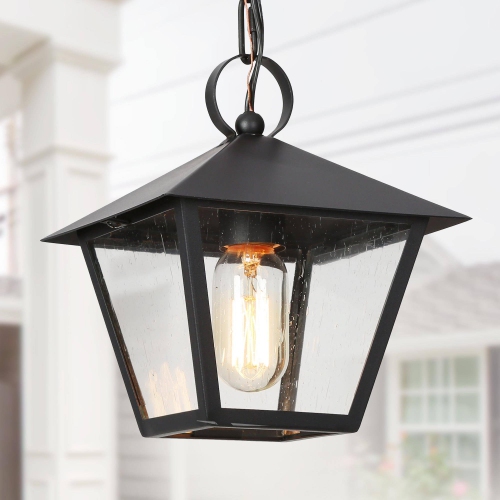 UOLFIN  Farmhouse Outdoor Pendant Light, Jared 7.5 In. (19Cm) 1-Light Modern Cage Outdoor Ceiling Light With Seeded Glass Shade In Black