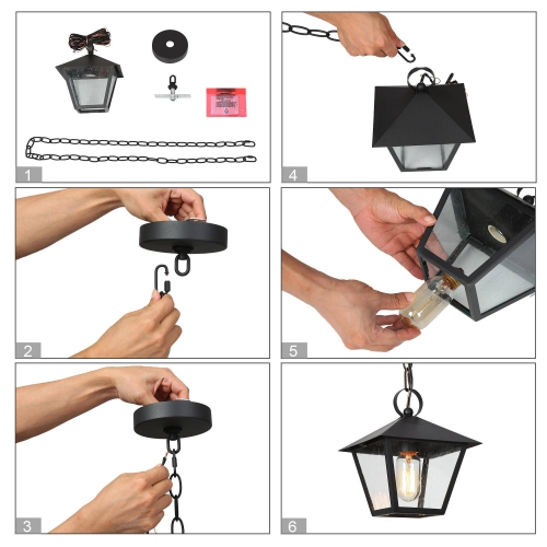 Farmhouse Black Outdoor Pendant Light, Jared 7.5 in. 1-Light Modern Cage Outdoor Ceiling Light with Seeded Glass Shade