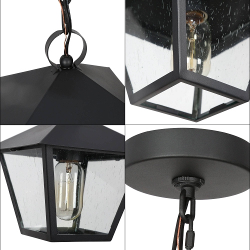Farmhouse Black Outdoor Pendant Light, Jared 7.5 in. 1-Light Modern Cage Outdoor Ceiling Light with Seeded Glass Shade