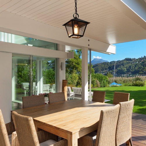 Farmhouse Black Outdoor Pendant Light, Jared 7.5 in. 1-Light Modern Cage Outdoor Ceiling Light with Seeded Glass Shade