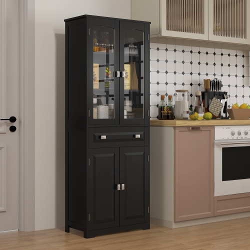 HOMCOM – Armoire garde-manger de cuisine de 63 po, armoire de rangement autonome avec portes en verre, tiroir et tablettes réglables, noir