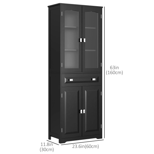 HOMCOM – Armoire garde-manger de cuisine de 63 po, armoire de rangement autonome avec portes en verre, tiroir et tablettes réglables, noir