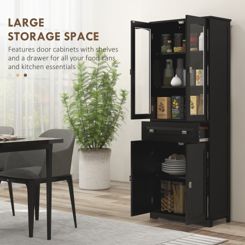 HOMCOM – Armoire garde-manger de cuisine de 63 po, armoire de rangement autonome avec portes en verre, tiroir et tablettes réglables, noir