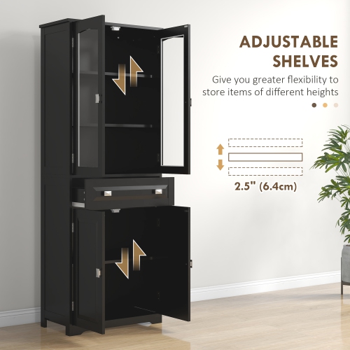 HOMCOM – Armoire garde-manger de cuisine de 63 po, armoire de rangement autonome avec portes en verre, tiroir et tablettes réglables, noir