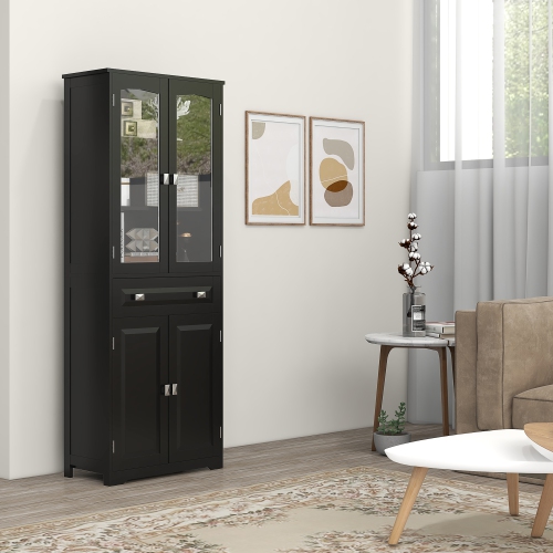 HOMCOM – Armoire garde-manger de cuisine de 63 po, armoire de rangement autonome avec portes en verre, tiroir et tablettes réglables, noir