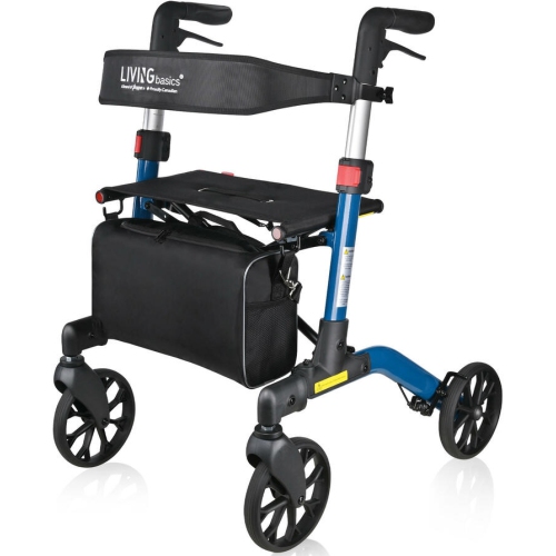 LIVINGBASICS  Folding Aluminum Rollator Walker for Seniors And Adults With 7" Wheels, With Hand Brake And Removable Storage Bag Support Up to 300 Lbs