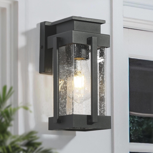 UOLFIN  Modern Outdoor Wall Light, 1-Light 11-In Rectangle Traditional Farmhouse Seeded Glass Outdoor Wall Light In Black