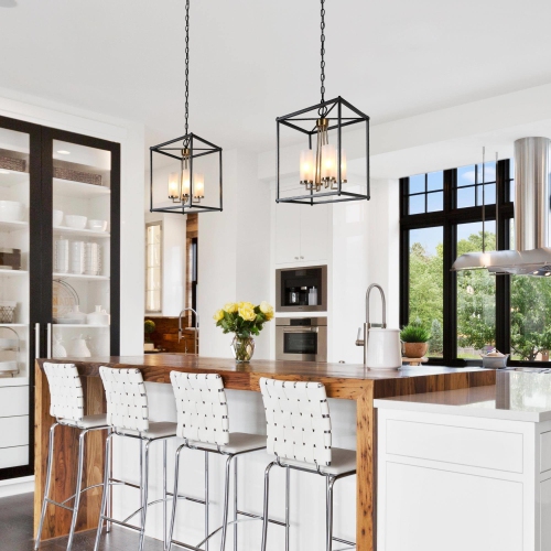 Modern Lantern Chandelier Light, 4-Light Matte Black and Electroplate Brass Cage Chandelier Light with Frosted Glass Shade