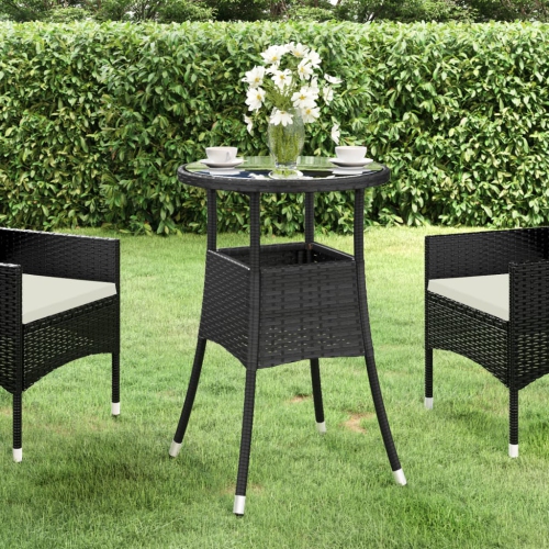 vidaXL Garden Table Ø60x75 cm Tempered Glass and Poly Rattan Black