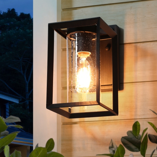 UOLFIN  Modern Outdoor Light Fixtures, 1-Light 9-In Lantern Farmhouse In Seeded Cylinder Glass Outdoor Wall Light In Black
