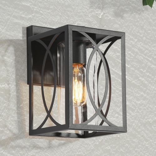 Lanterne murale moderne Farmhouse cage, 1 lumières, cage carrée géométrique noire, 9 po, dans un luminaire mural extérieur en verre cylindrique