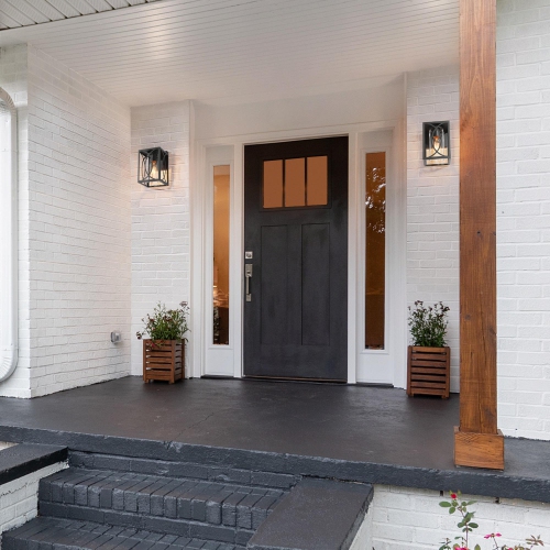 Lanterne murale moderne Farmhouse cage, 1 lumières, cage carrée géométrique noire, 9 po, dans un luminaire mural extérieur en verre cylindrique