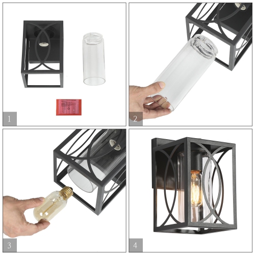 Lanterne murale moderne Farmhouse cage, 1 lumières, cage carrée géométrique noire, 9 po, dans un luminaire mural extérieur en verre cylindrique