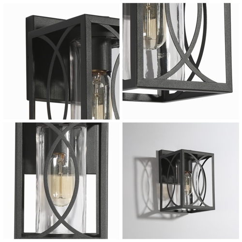 Lanterne murale moderne Farmhouse cage, 1 lumières, cage carrée géométrique noire, 9 po, dans un luminaire mural extérieur en verre cylindrique