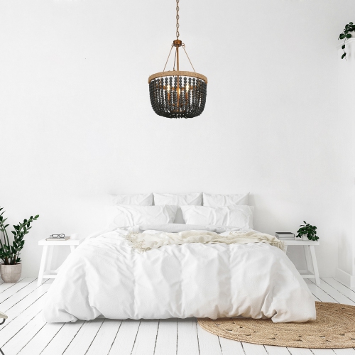 Modern Farmhouse Empire Drum Beaded Chandelier Light, 3-Light Gold Traditional Boho Chandelier with Black Wood Beads