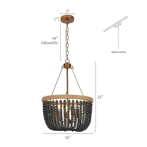Modern Farmhouse Empire Drum Beaded Chandelier Light, 3-Light Gold Traditional Boho Chandelier with Black Wood Beads