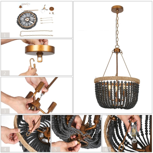 Modern Farmhouse Empire Drum Beaded Chandelier Light, 3-Light Gold Traditional Boho Chandelier with Black Wood Beads