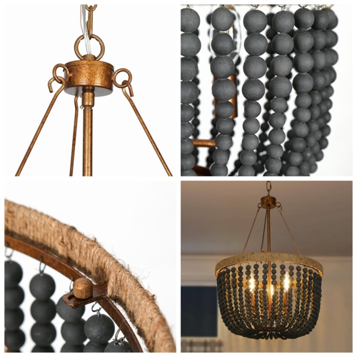 Modern Farmhouse Empire Drum Beaded Chandelier Light, 3-Light Gold Traditional Boho Chandelier with Black Wood Beads