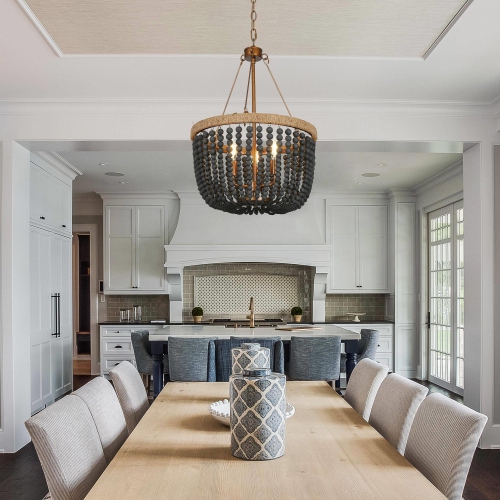 Modern Farmhouse Empire Drum Beaded Chandelier Light, 3-Light Gold Traditional Boho Chandelier with Black Wood Beads