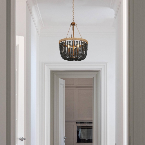 Modern Farmhouse Empire Drum Beaded Chandelier Light, 3-Light Gold Traditional Boho Chandelier with Black Wood Beads