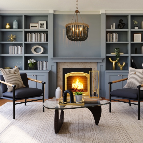 Modern Farmhouse Empire Drum Beaded Chandelier Light, 3-Light Gold Traditional Boho Chandelier with Black Wood Beads