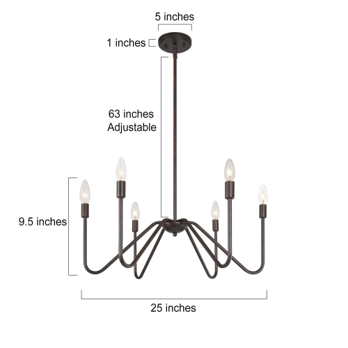 Lustre rustique à îlot noir 25 po Grand luminaire suspendu chandelier classique à 6 lumières