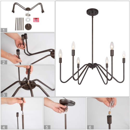 Lustre rustique à îlot noir 25 po Grand luminaire suspendu chandelier classique à 6 lumières