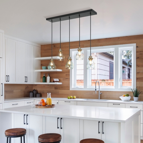 Transitional Linear Black Chandelier, 5-Light 30-in Brass Gold and Black in Bell Modern/Contemporary Clear Glass LED Hanging Kitchen Island Light