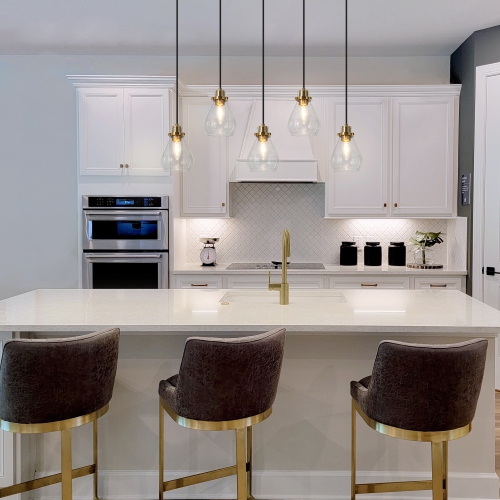 Transitional Linear Black Chandelier, 5-Light 30-in Brass Gold and Black in Bell Modern/Contemporary Clear Glass LED Hanging Kitchen Island Light