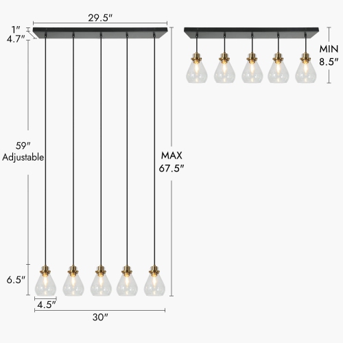 Transitional Linear Black Chandelier, 5-Light 30-in Brass Gold and Black in Bell Modern/Contemporary Clear Glass LED Hanging Kitchen Island Light