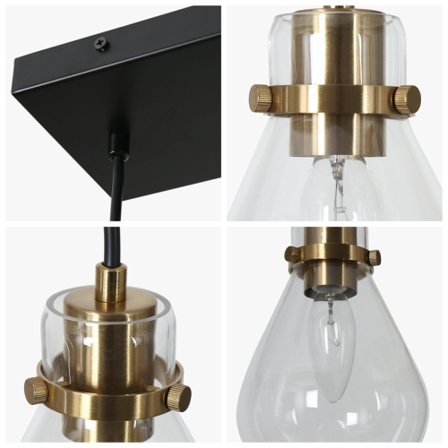 Transitional Linear Black Chandelier, 5-Light 30-in Brass Gold and Black in Bell Modern/Contemporary Clear Glass LED Hanging Kitchen Island Light