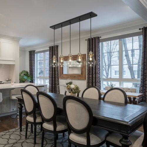 Transitional Linear Black Chandelier, 5-Light 30-in Brass Gold and Black in Bell Modern/Contemporary Clear Glass LED Hanging Kitchen Island Light