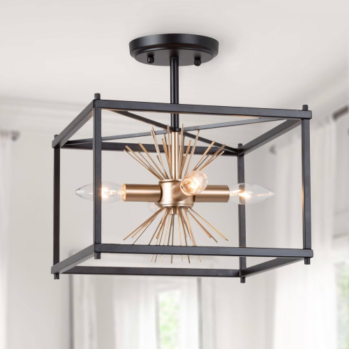 UOLFIN  Modern Transitional Semi-Flush Mount, 4-Light And Gold Farmhouse Square Island Ceiling Lights With Sputnik Design In Black