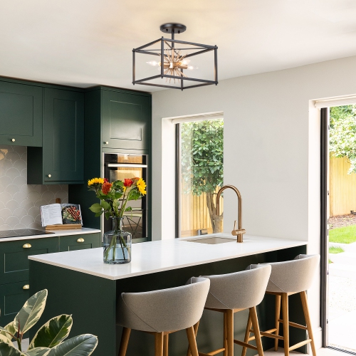 Modern Transitional Semi-flush Mount, 4-Light Black and Gold Farmhouse Square Island Ceiling Lights with Sputnik Design