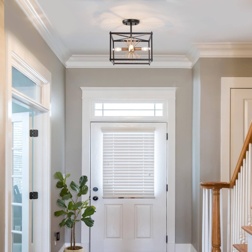 Modern Transitional Semi-flush Mount, 4-Light Black and Gold Farmhouse Square Island Ceiling Lights with Sputnik Design