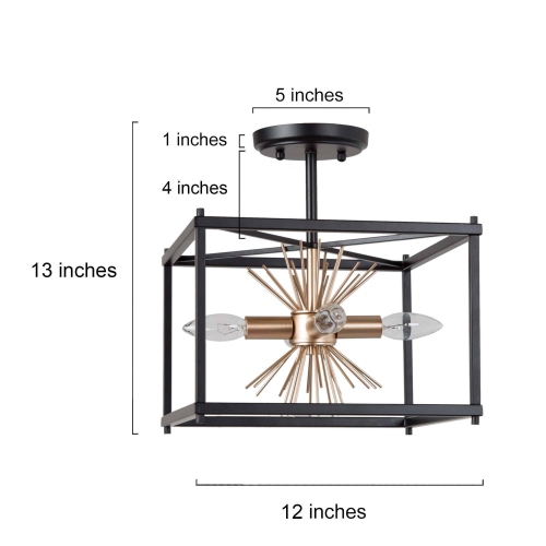 Modern Transitional Semi-flush Mount, 4-Light Black and Gold Farmhouse Square Island Ceiling Lights with Sputnik Design