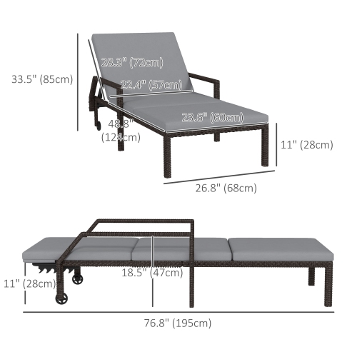 Outsunny – Chaise longue d’extérieur en osier de 2 pièces, chaise longue en rotin, fauteuil de jardin inclinable avec dossier réglable à 5 niveaux et