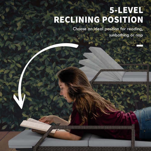 Outsunny – Chaise longue d’extérieur en osier de 2 pièces, chaise longue en rotin, fauteuil de jardin inclinable avec dossier réglable à 5 niveaux et