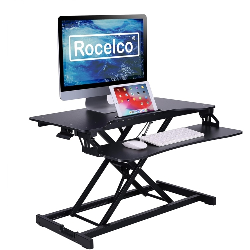 Rocelco VADR-B Sit to Stand Hi-Lift Adjustable Height Desk Riser & Medium Anti-Fatigue Mat (MAFM) (Black) Bundle