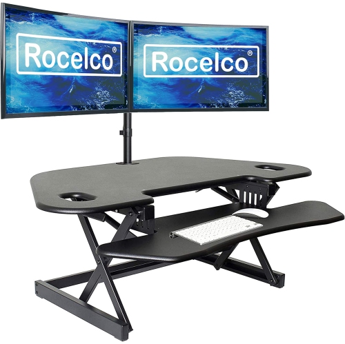 Rocelco CADR-46 Corner Adjustable Height Desk Riser 46" w/ Extended Vertical Range & Dual Monitor Desk Mount (DM2) Bundle