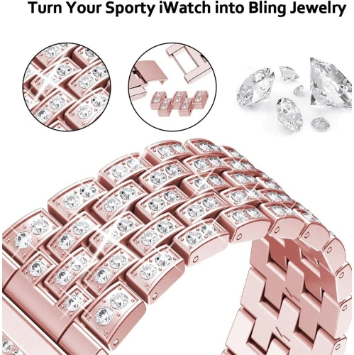 WFG New Diamond Blocks Bling Metal Band Compatible with Apple Watch 42/44/45/49mm - Rose Pink