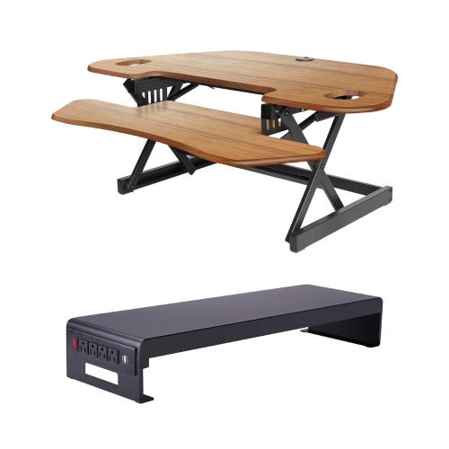 Rocelco CADR-46 Corner Adjustable Height Desk Riser 46" w/ Extended Vertical Range & DMS Dual Monitor Stand/Riser w/4 AC & 2 USB (Black) Bundle