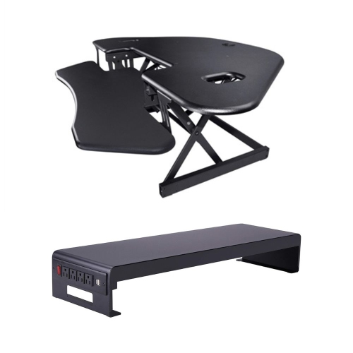 Rocelco CADR-46 Corner Adjustable Height Desk Riser 46" w/ Extended Vertical Range & DMS Dual Monitor Stand/Riser w/4 AC & 2 USB (Black) Bundle