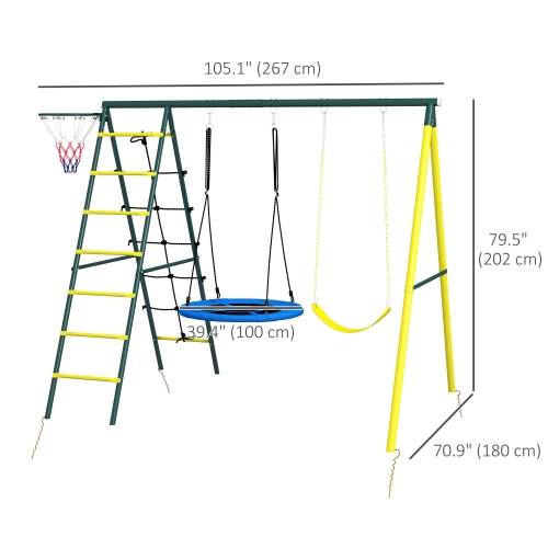 Outsunny 4 in 1 Metal Swing Set with Saucer Swing, Seat, Climbing Ladder/Net, Basketball Hoop, Ladder, Kids Swing Set for Backyard, Outdoor,